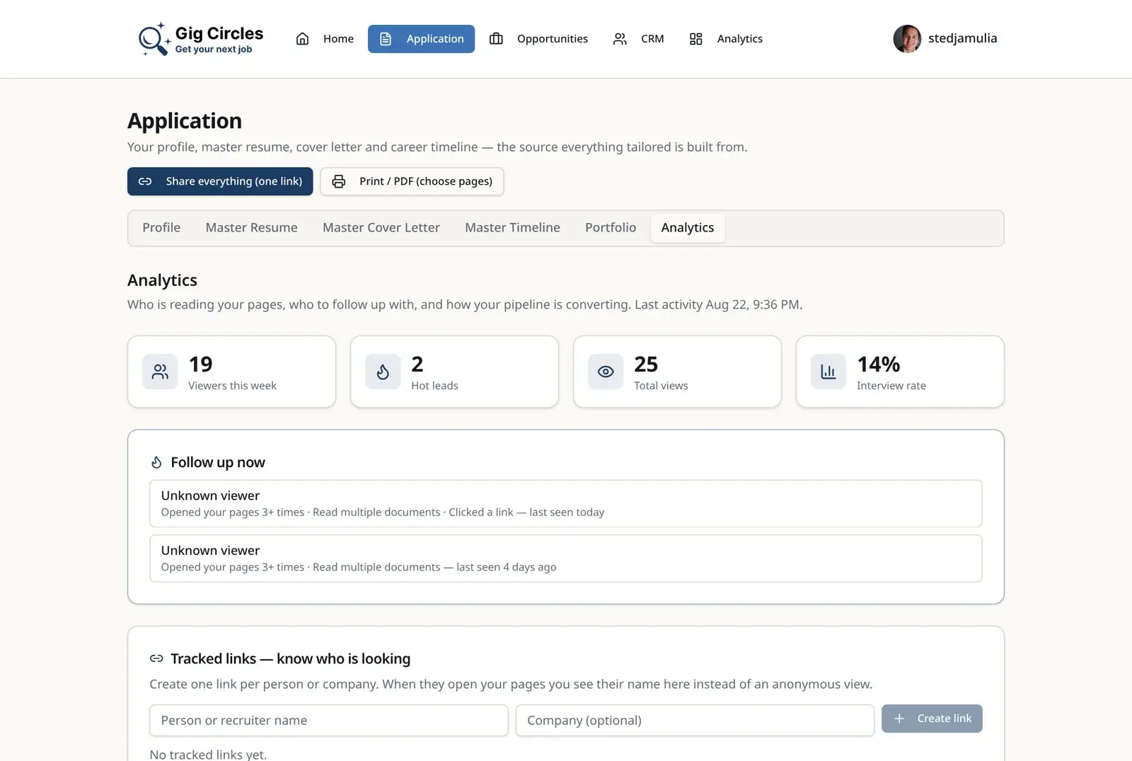 Gig Circles share link analytics showing views of a resume and cover letter with source, location and device