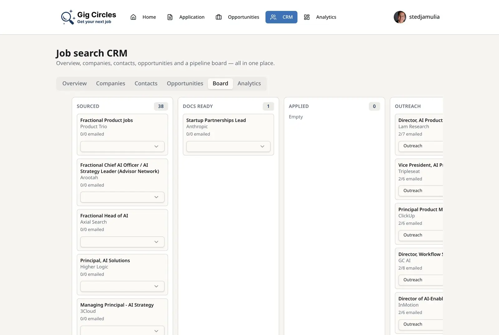 Gig Circles job search CRM board showing opportunities moving through a pipeline