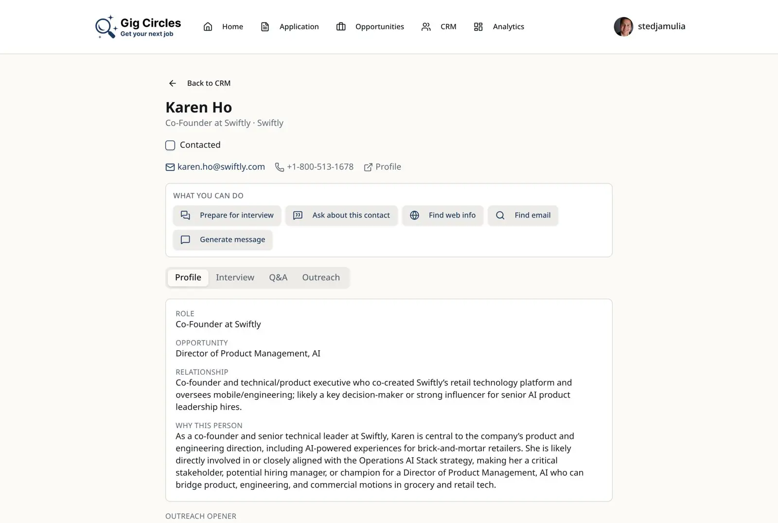 Gig Circles hiring contacts screen showing researched contacts with email, phone and outreach opener