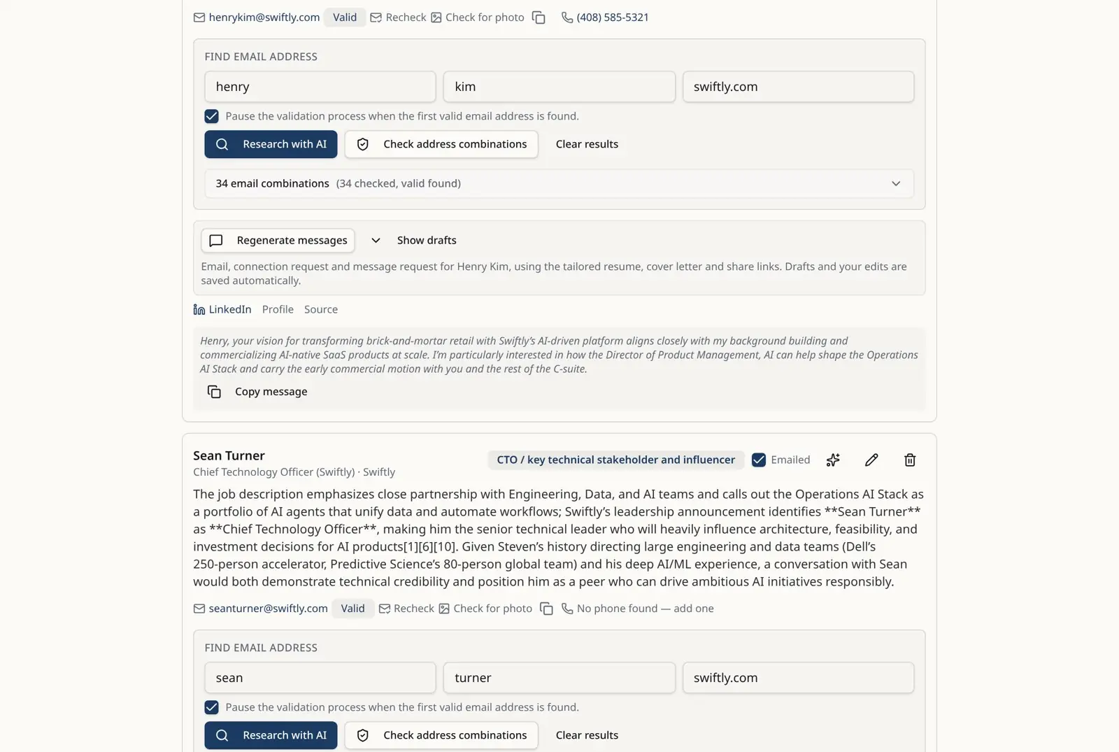 Gig Circles email finder checking dozens of address combinations for a hiring contact