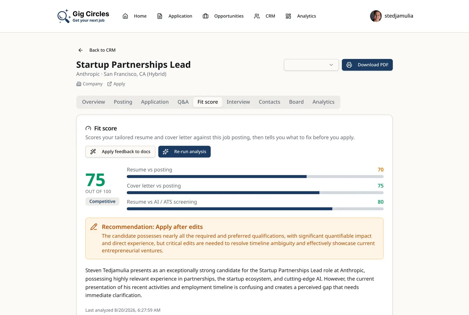 Gig Circles fit score tab scoring a tailored resume and cover letter against a job posting with a ranked improvement plan