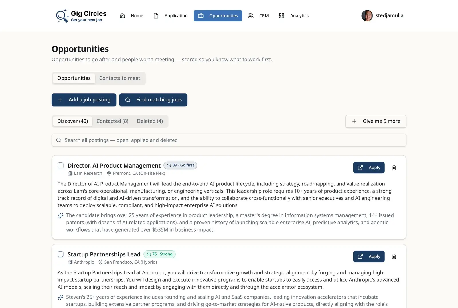 Gig Circles job postings screen listing AI-matched roles with apply links and match reasons