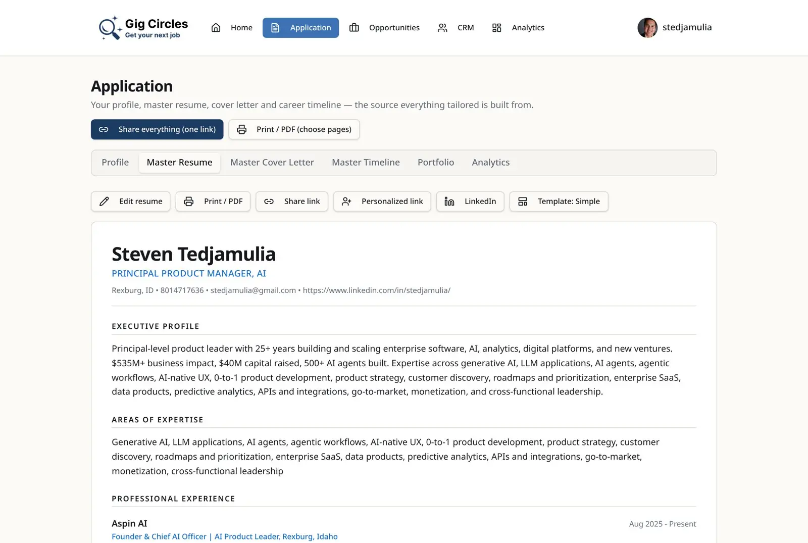 Gig Circles master resume editor showing a formatted executive resume with impact metrics