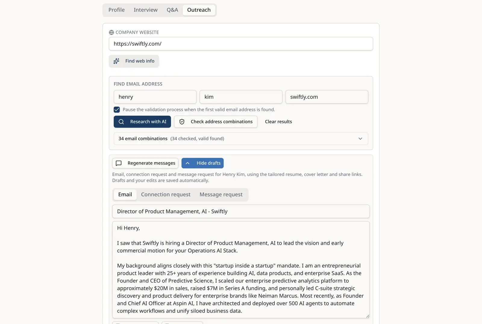 Gig Circles outreach drafts showing an email, connection request and message request for one contact