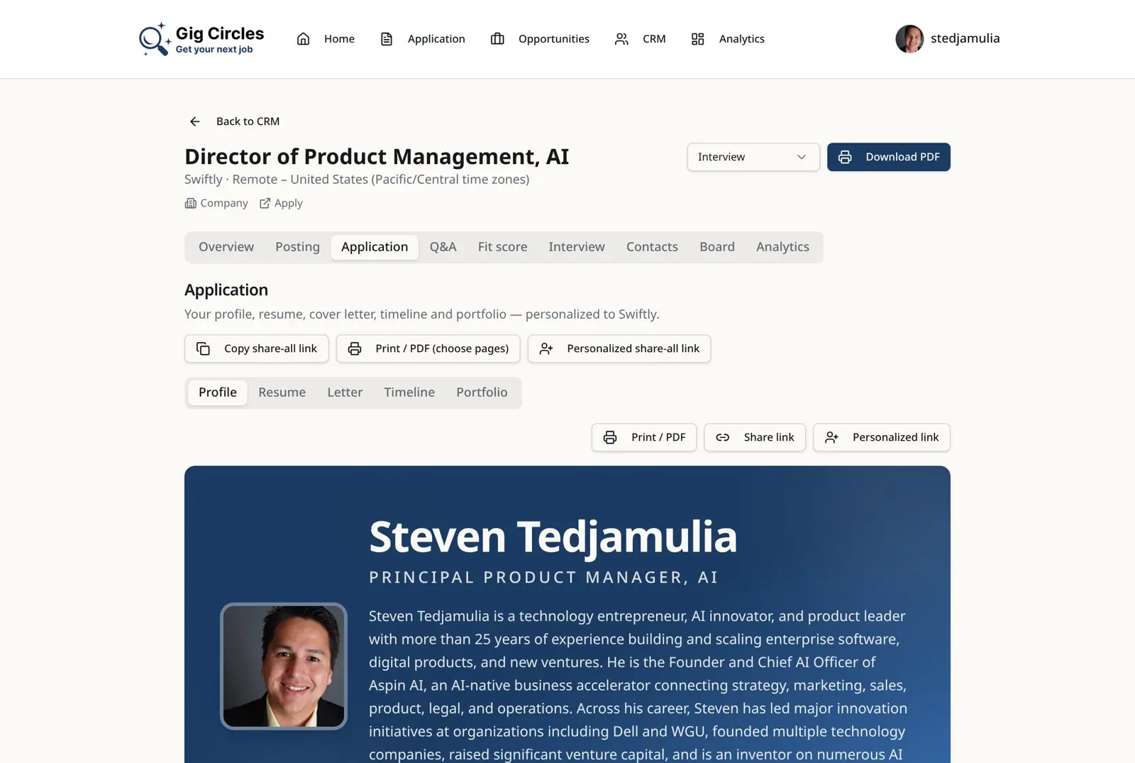 Gig Circles application projects screen where a job posting is pasted to generate documents